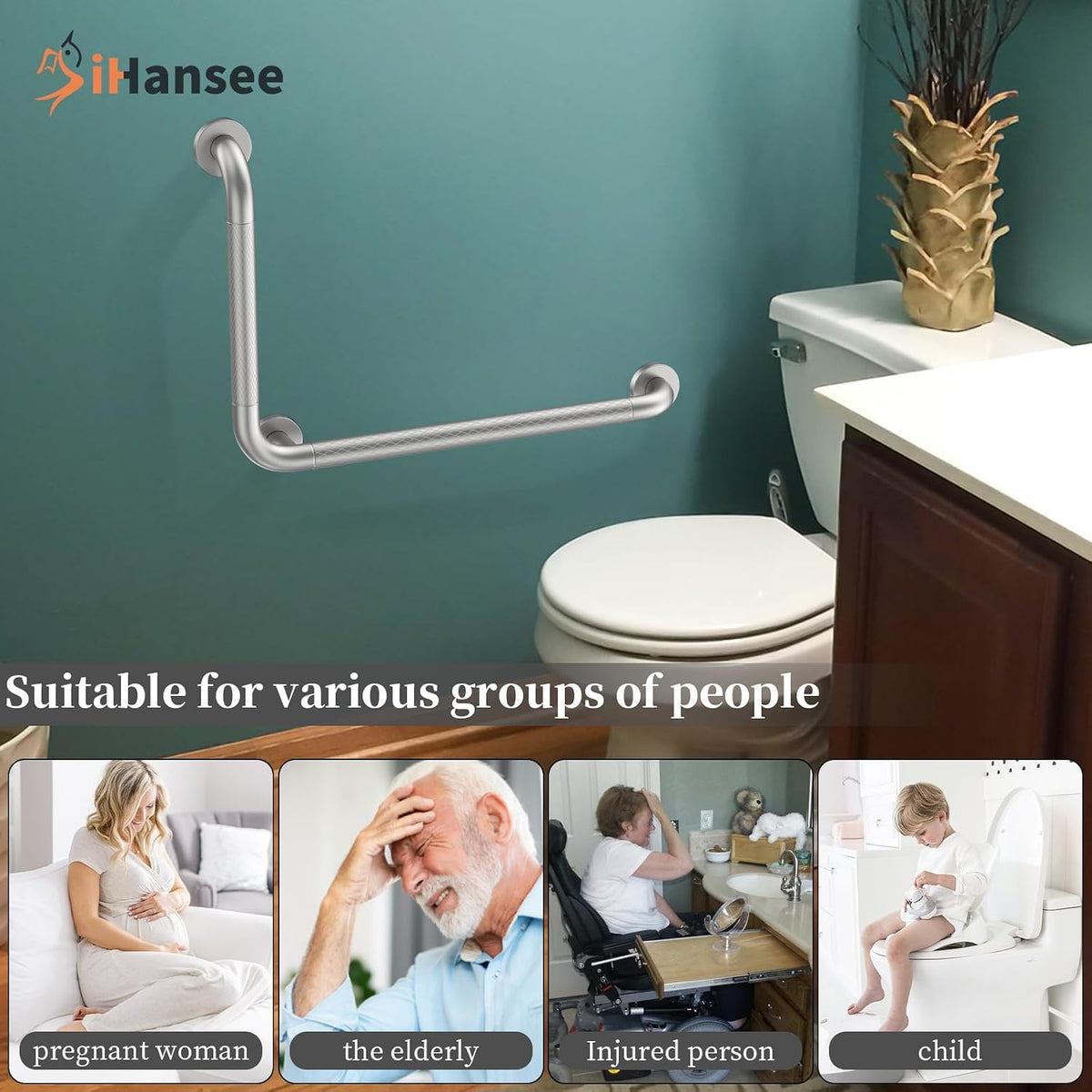 Brushed Nickel Angled Grab Bar 16x24 Inch, L-Shaped Grab Bars for Shower