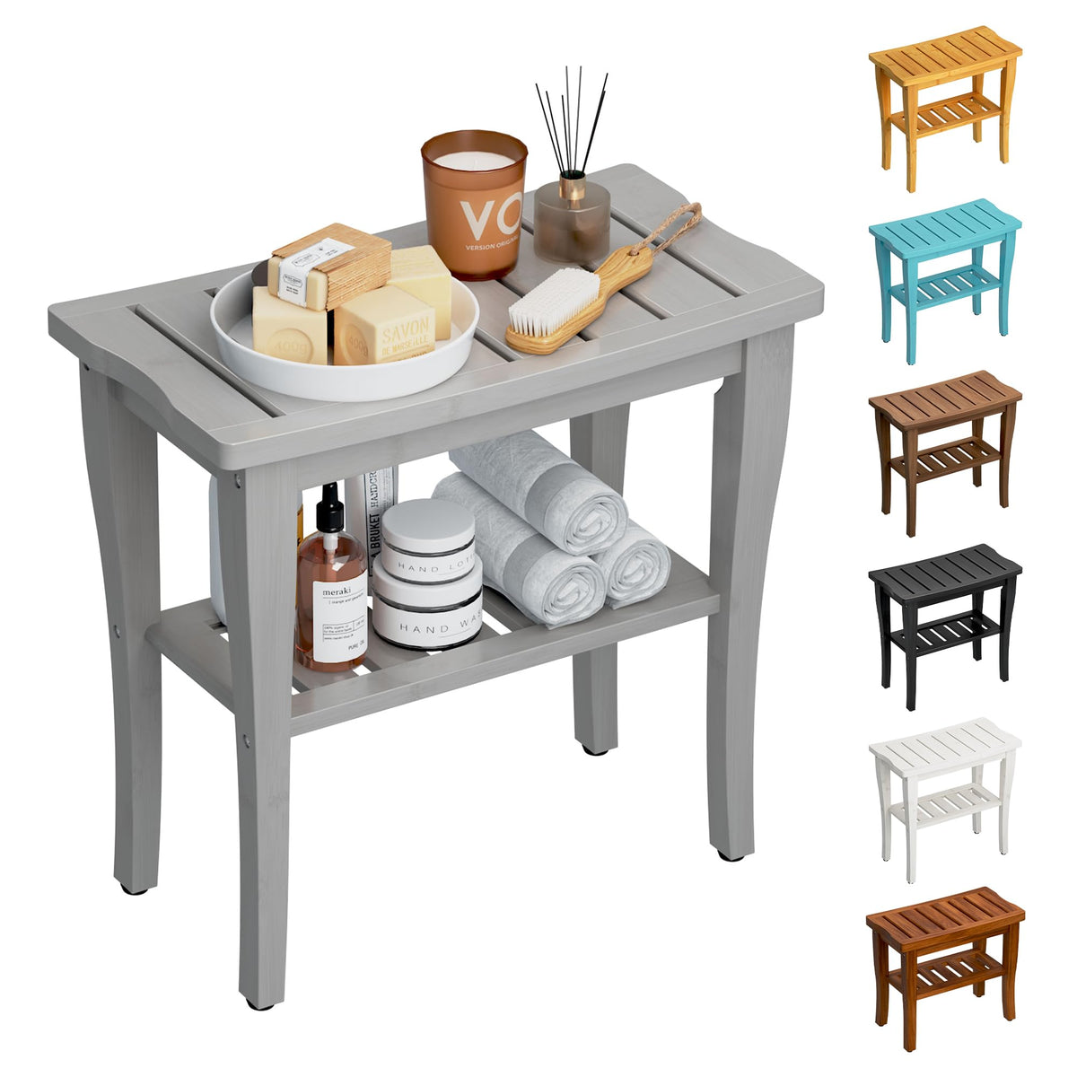 Teak Shower Bench Stool with Storage Shelf, Waterproof Shower Chair Spa Bath Seat, Shower Stool for Inside Shower, Bathroom Bench Seat for Adults Elderly Seniors for Indoor or Outdoor Use