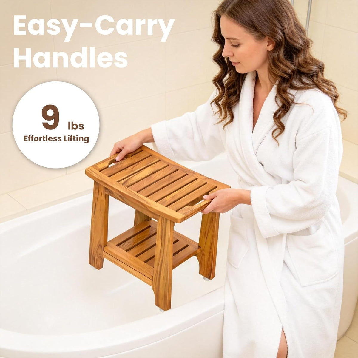 NNN 18" Standard Teak Shower Bench with Japan-Made Non-Slip Leveling Feet