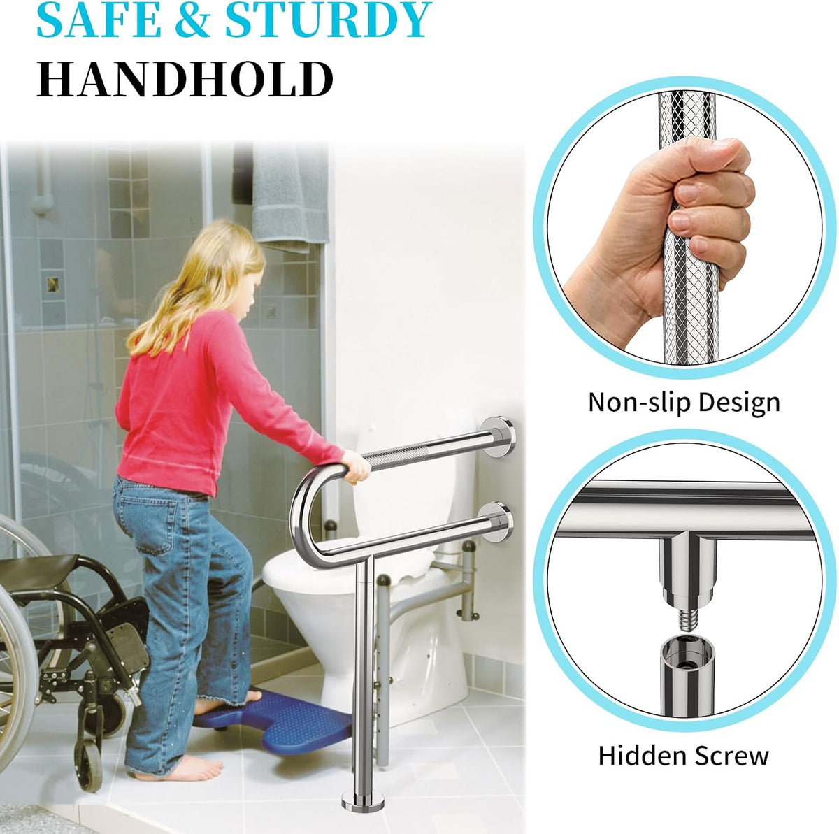 Toilet Support Rail 24x28 Inch, Munzong Anti-Slip Chrome Handicap Grab Bar