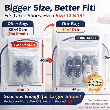 Shoe Washing Machine Bag 2 Pack with XXL 17"x16" Drying Bag - Reusable Laundry Shoe Bag, Heavy-Duty Concealed Zipper, 360° Microfiber Cleaning for Sneakers & All Footwear (White)