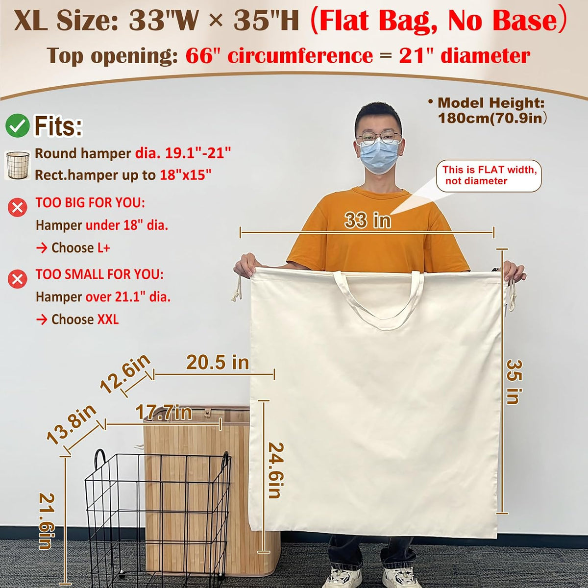 Canvas Laundry Bag 33"Wx 35"H, Extra Large Heavy Duty Hamper Liner,XL Beige