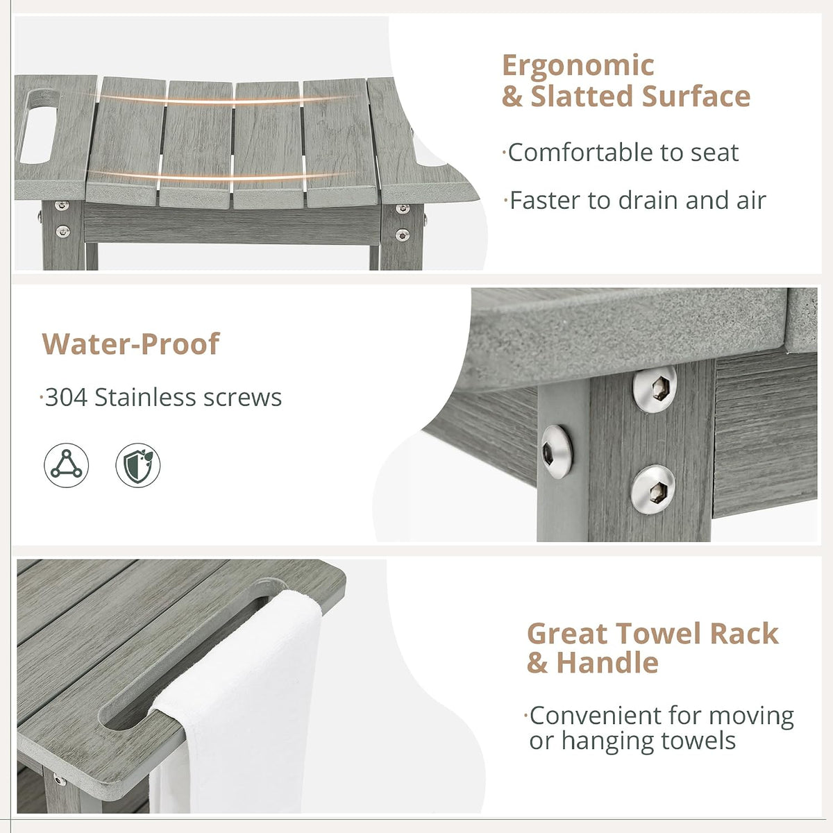 LUE BONA HDPS Shower Benches for Inside Shower, Gray Shower Stool for Shaving Legs with Shelf, Waterproof Shower Chair Seat for Spa Bathroom, Weather Resistant/Non-Slip/Handles/Indoor or Outdoor Use