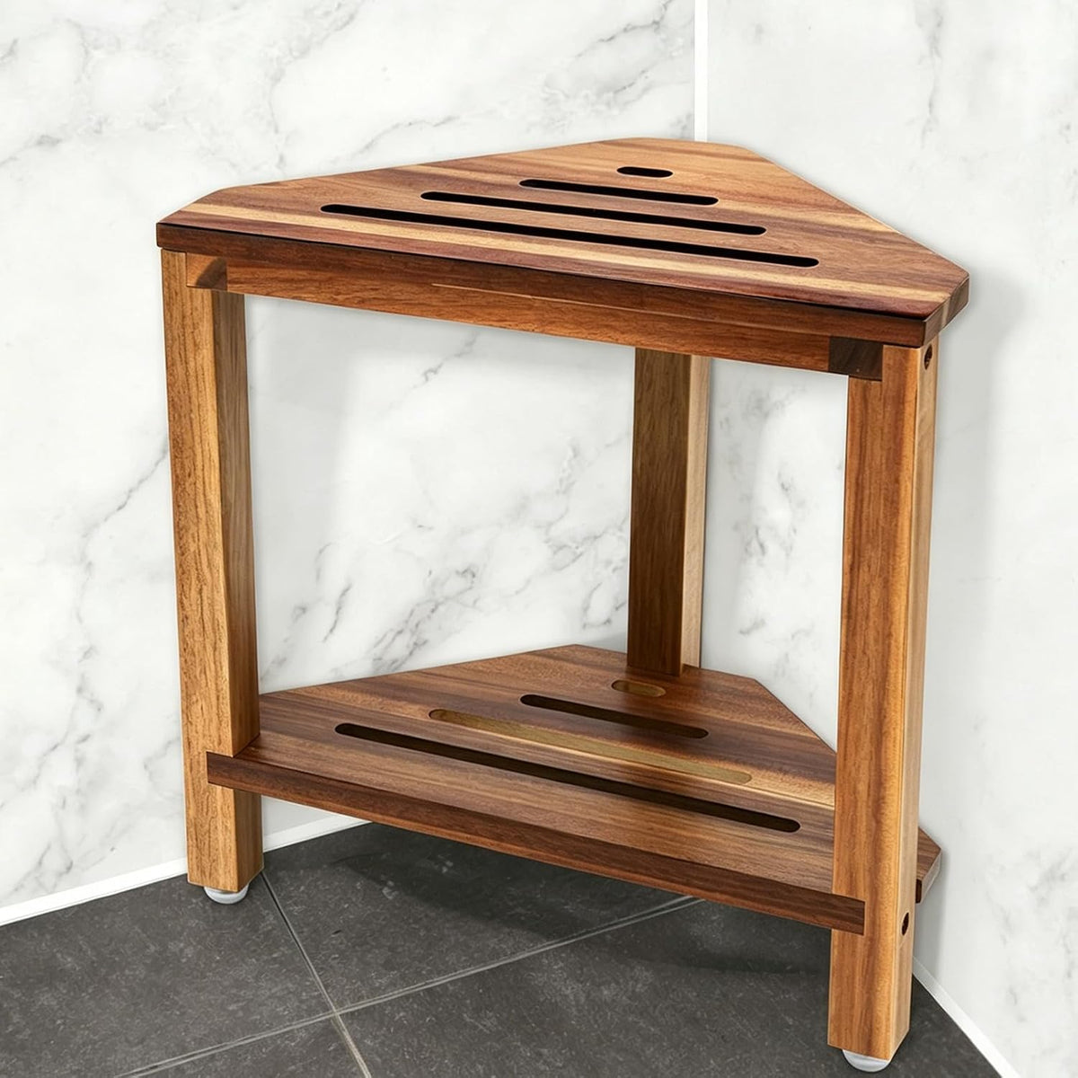 IBosins Corner Shower Stool 14in Small Bench Storage Shelf Natural Finish