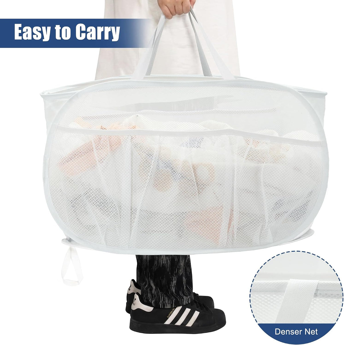 2 Pack Collapsible Laundry Baskets, Upgrade Pop Up Laundry Hamper with Convenient Bags, Foldable Laundry Basket Mesh Light Weight, Easy to Carry Clothes Hampers for Laundry, Dorm, Toys, Travel White