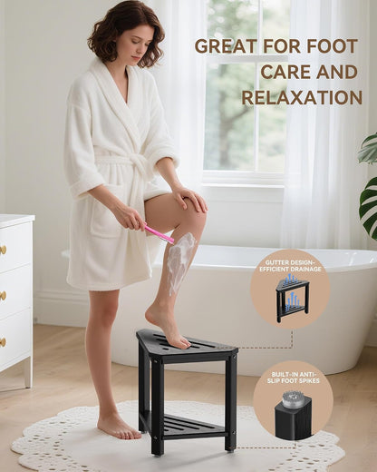 Shower Foot Rest 15in, HDPE Corner Shower Stool for Shaving Legs, Black
