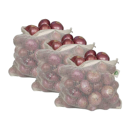 Reusable Garlic Storage Bags - Organic Cotton Garlic Mesh Bags with Drawstring - Washable Garlic Holder Storage - Net Garlic Keeper Sacks - Onion Potato Storage Bags - Root Vegetable Sacks (3 Large)