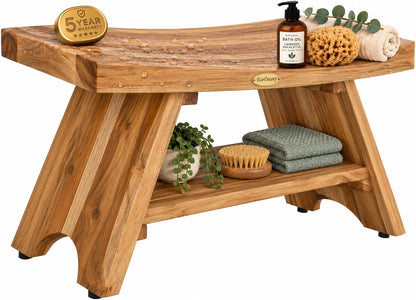 EcoDecors 18" Teak Shower Bench with Shelf, Solid Teak Wood Shower Stool