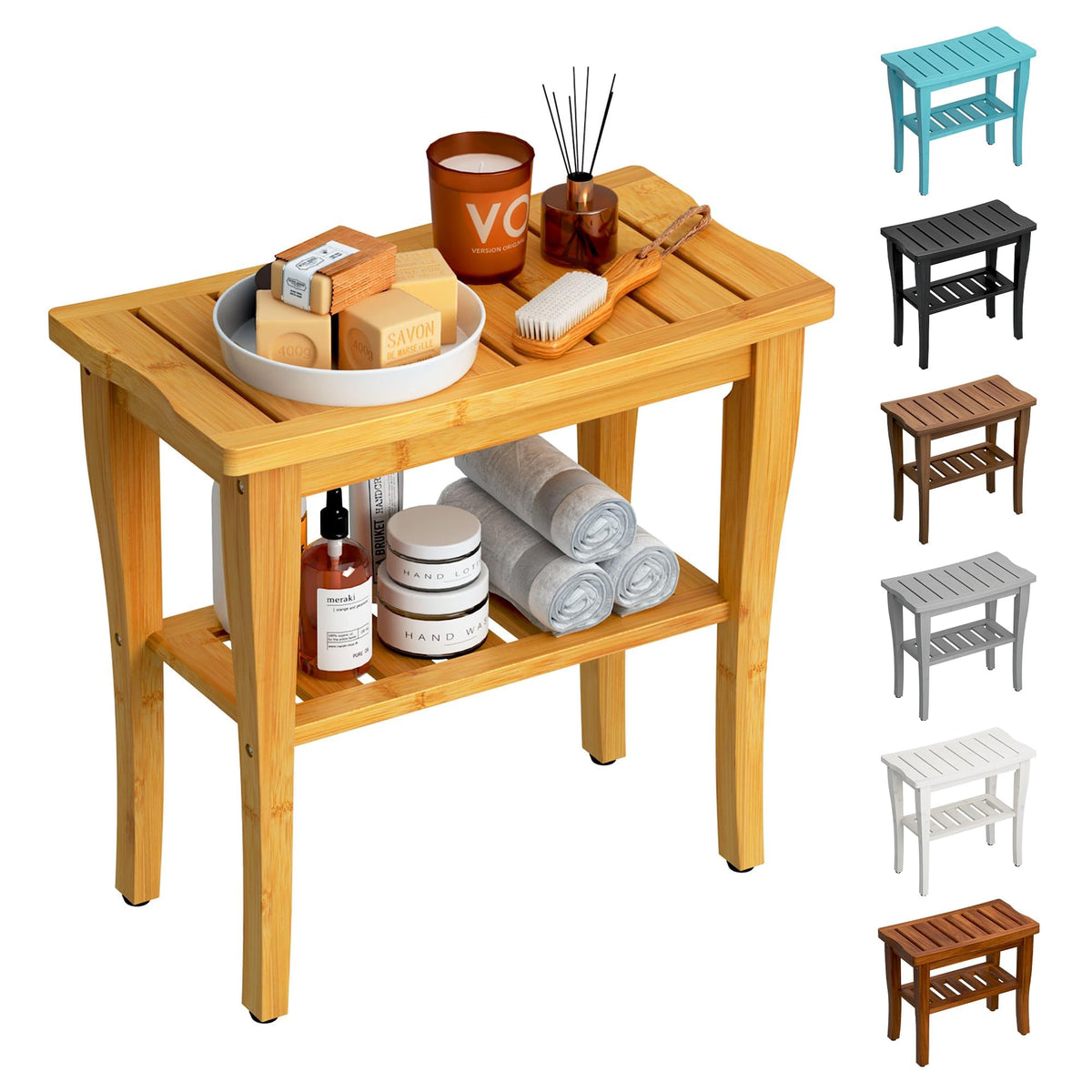 Teak Shower Bench Stool with Storage Shelf, Waterproof Shower Chair Spa Bath Seat, Shower Stool for Inside Shower, Bathroom Bench Seat for Adults Elderly Seniors for Indoor or Outdoor Use