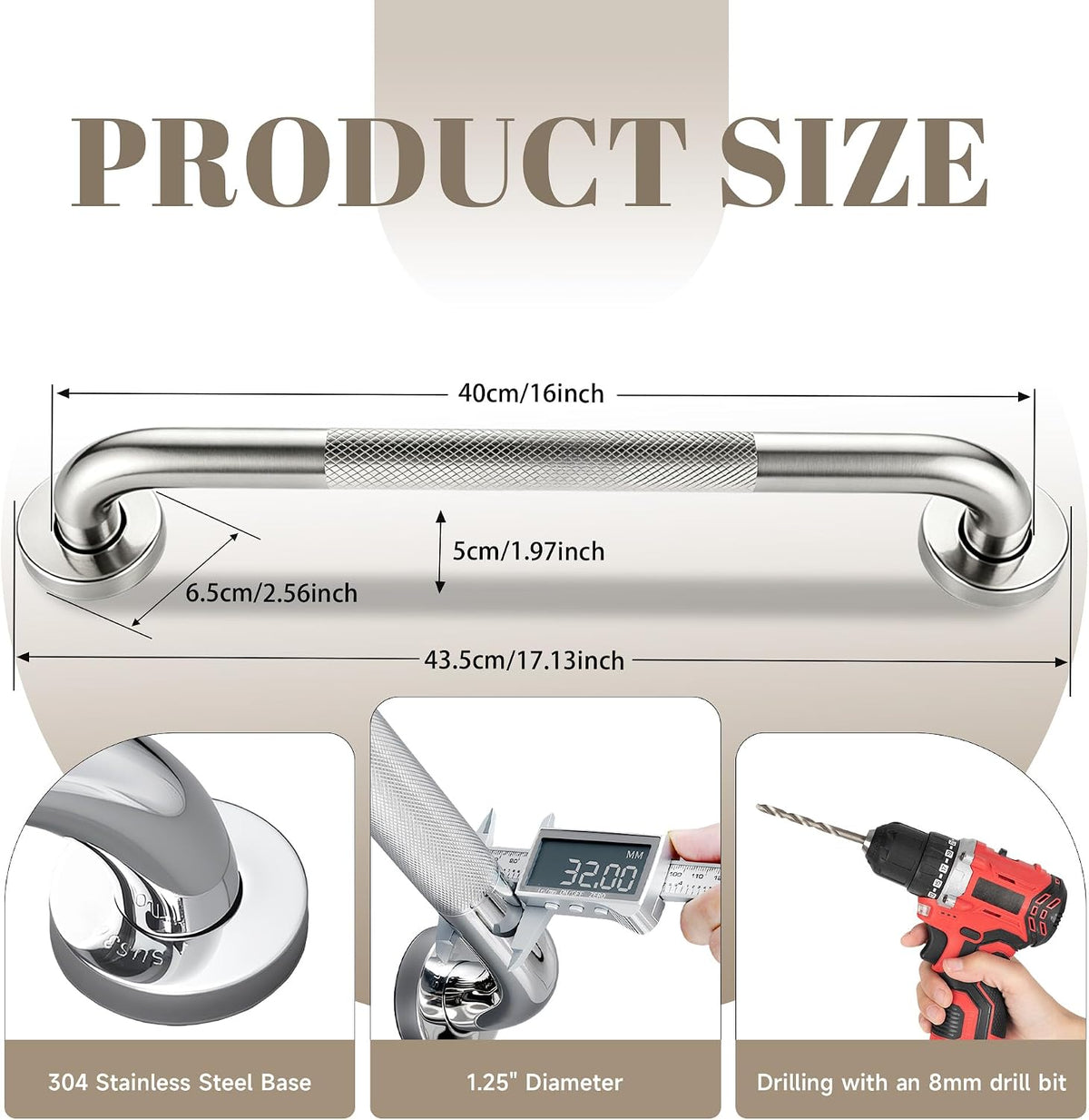 16 Inch Grab Bars 1.25" Dia,2 Pack Brushed Nickel 304 Stainless Steel Bathroom Grab Bar,Anti Slip Knurled Safety Bar,Wall Mount Handicap Grab Bars,Support Handrail for Seniors Elderly Injury