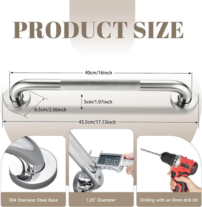 16 Inch Grab Bars 1.25" Dia,2 Pack Brushed Nickel 304 Stainless Steel Bathroom Grab Bar,Anti Slip Knurled Safety Bar,Wall Mount Handicap Grab Bars,Support Handrail for Seniors Elderly Injury