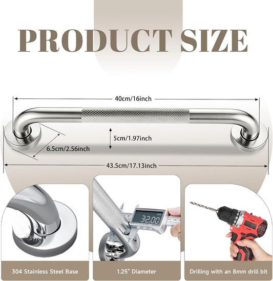 16 Inch Grab Bars 1.25" Dia,2 Pack Brushed Nickel 304 Stainless Steel Bathroom Grab Bar,Anti Slip Knurled Safety Bar,Wall Mount Handicap Grab Bars,Support Handrail for Seniors Elderly Injury