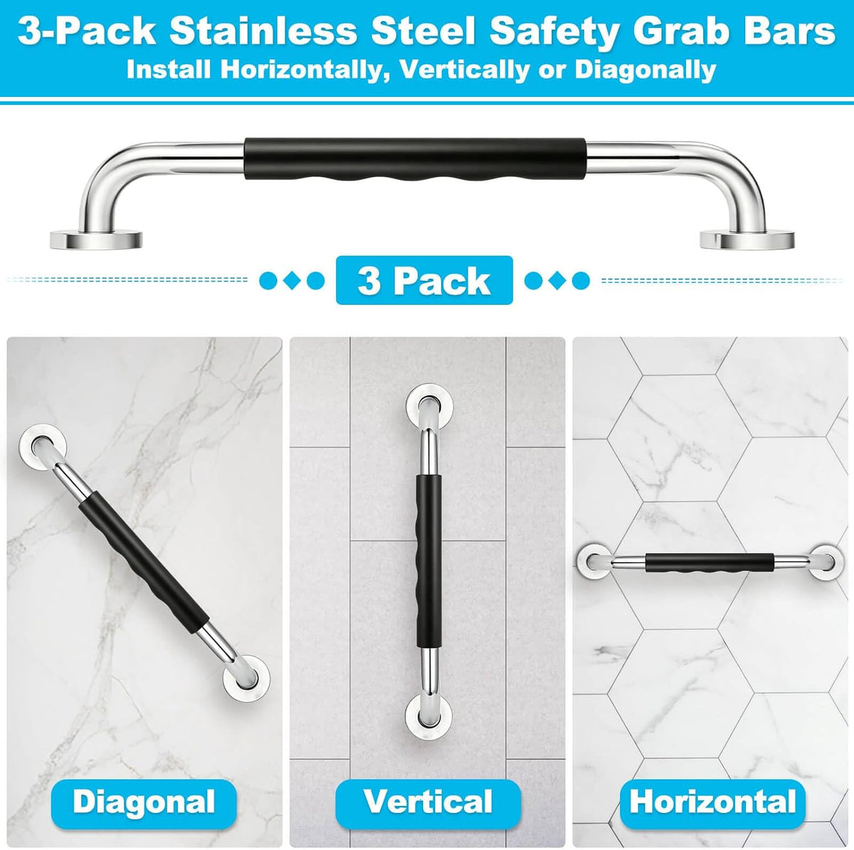 3 Pack 16-Inch Grab Bars for Bathtubs and Showers, Bathroom Shower Grab Bar