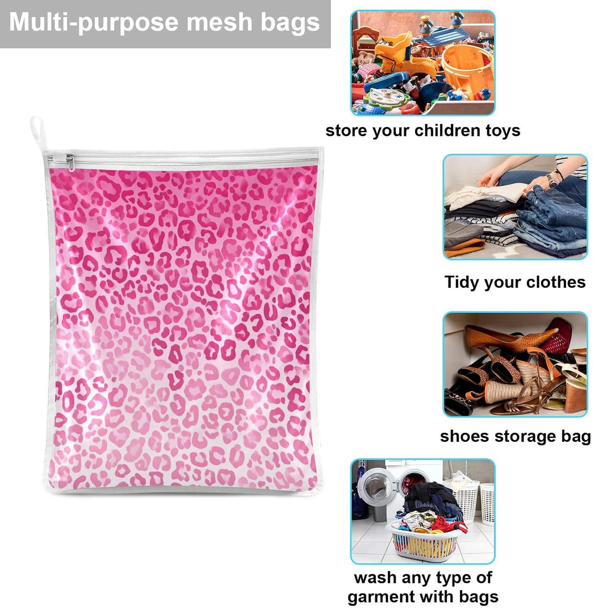 Mesh Laundry Bags Lingerie Bags for Washing Delicates 2 PCS Durable Wash Bag with Zipper Small and Medium Washable Gradient Pink Leopard Print