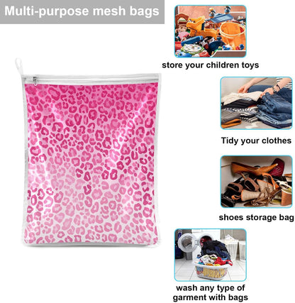 Mesh Laundry Bags Lingerie Bags for Washing Delicates 2 PCS Durable Wash Bag with Zipper Small and Medium Washable Gradient Pink Leopard Print