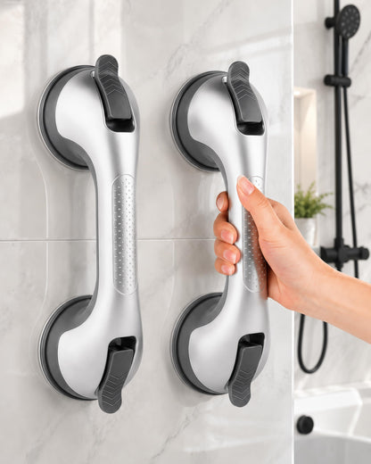 Suction Grab Bars for Shower, Gel-Enhanced Shower Handle for Senior, Silver