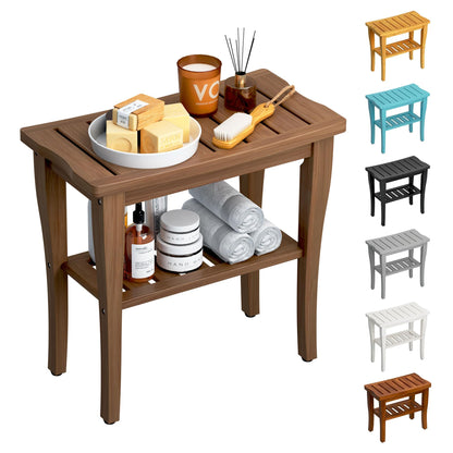 Teak Shower Bench Stool with Storage Shelf, Waterproof Shower Chair Spa Bath Seat, Shower Stool for Inside Shower, Bathroom Bench Seat for Adults Elderly Seniors for Indoor or Outdoor Use