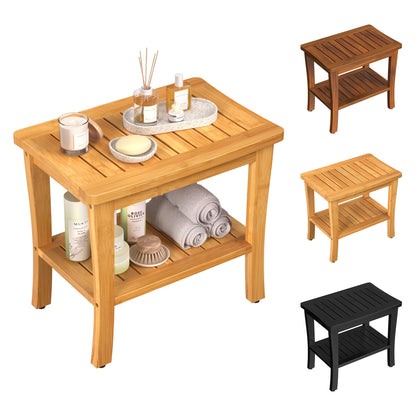 Teak Wood Shower Bench Stool with Storage Shelf, Wooden Waterproof Bathroom Spa Bathing Teak Shower Stool with Non-Slip Feet Gadget 2024 for Indoor or Outdoor Shower Chair Seat Organizer
