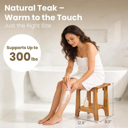NNN 14" Compact Teak Shower Stool with Japan-Made Non-Slip Leveling Feet