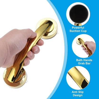uxcell Grab Bars for Bathtubs and Showers, 9.1" Mirror Glass Door and Window Handles Powerful Shower Suction Cup Anti-Slip Safety Bars for Senior Shower Chairs Gold