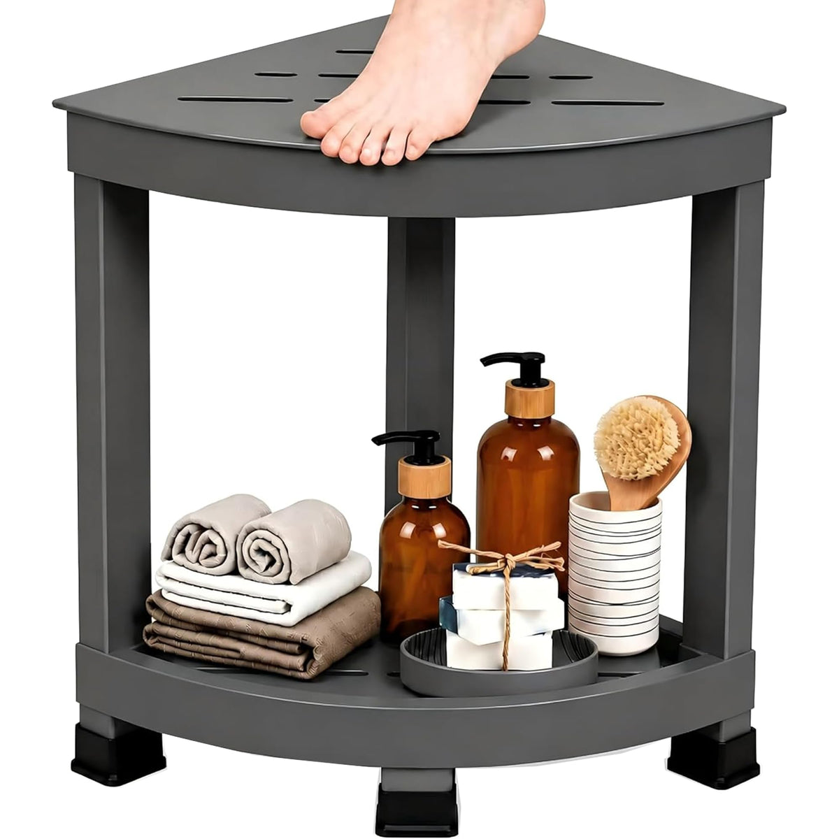 Corner Shower Shelf with 2-Tier Storage, Waterproof Bathroom Organizer & Shower Stool for Inside Shower, Small Corner Side Table with Non-Slip Feet for Bathroom, Bedroom & Living Room, White