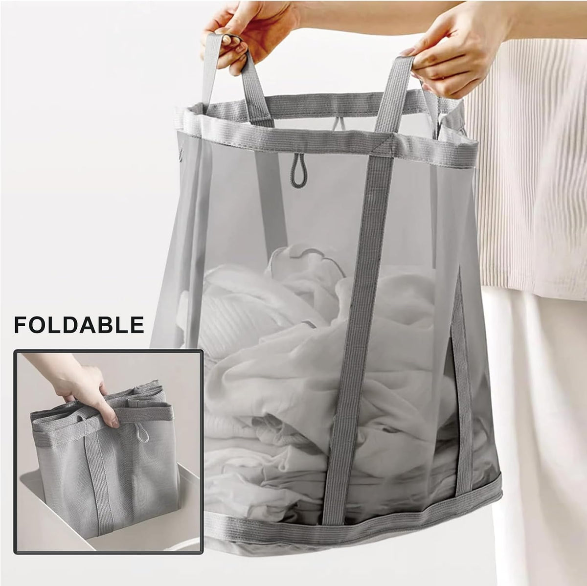 Mesh Bag with Handles, Collapsible Laundry Basket, Foldable Laundry Bag, Breathable Folding Beach Bag,Space-saving Travel Tote Bags (1, Black)