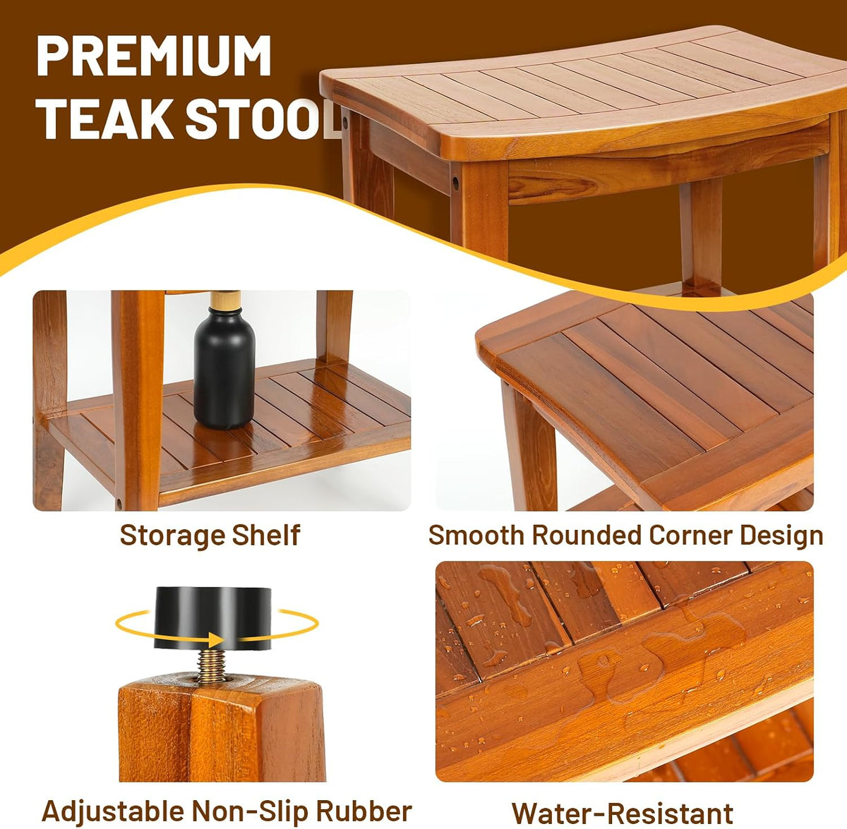 20" Premium Teak Shower Bench with Shelf & Handle, Solid Teak Shower Stool, Durable Wooden Waterproof Seat for Inside Shower, Teak Wood Bench for Bathroom, Indoor & Outdoor Use
