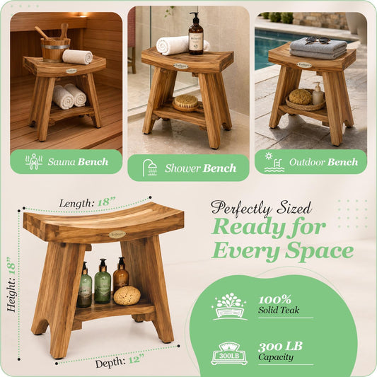 EcoDecors 18" Teak Shower Bench with Shelf, Solid Teak Wood Shower Stool