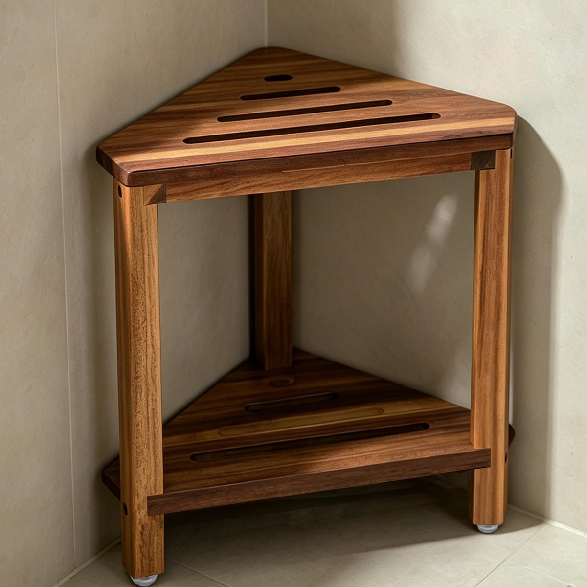 IBosins Corner Shower Stool 14in Small Bench Storage Shelf Natural Finish