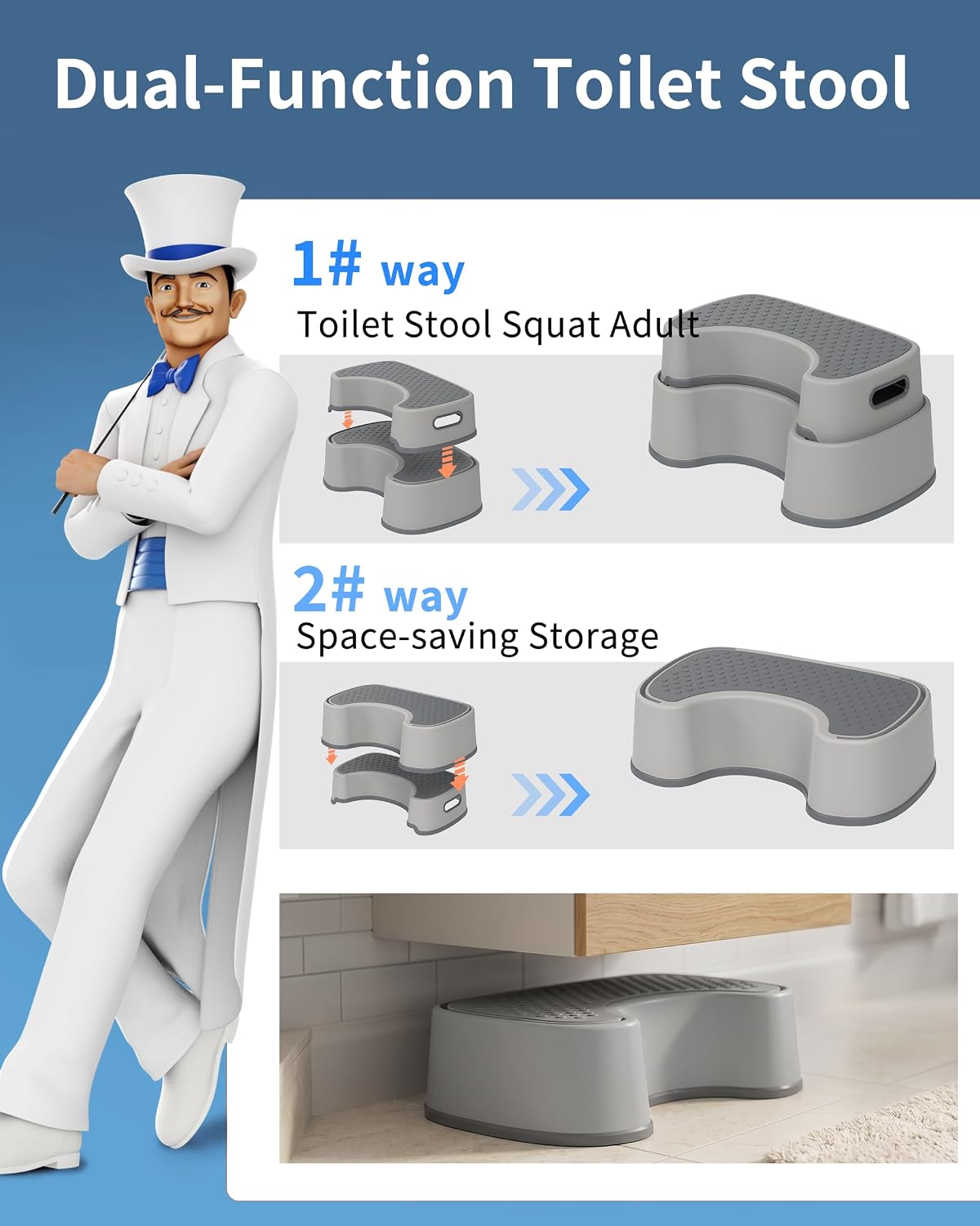MR.SIGA Toilet Stool Squat Adult Bathroom Foot Stool, Light Gray&Dark Gray