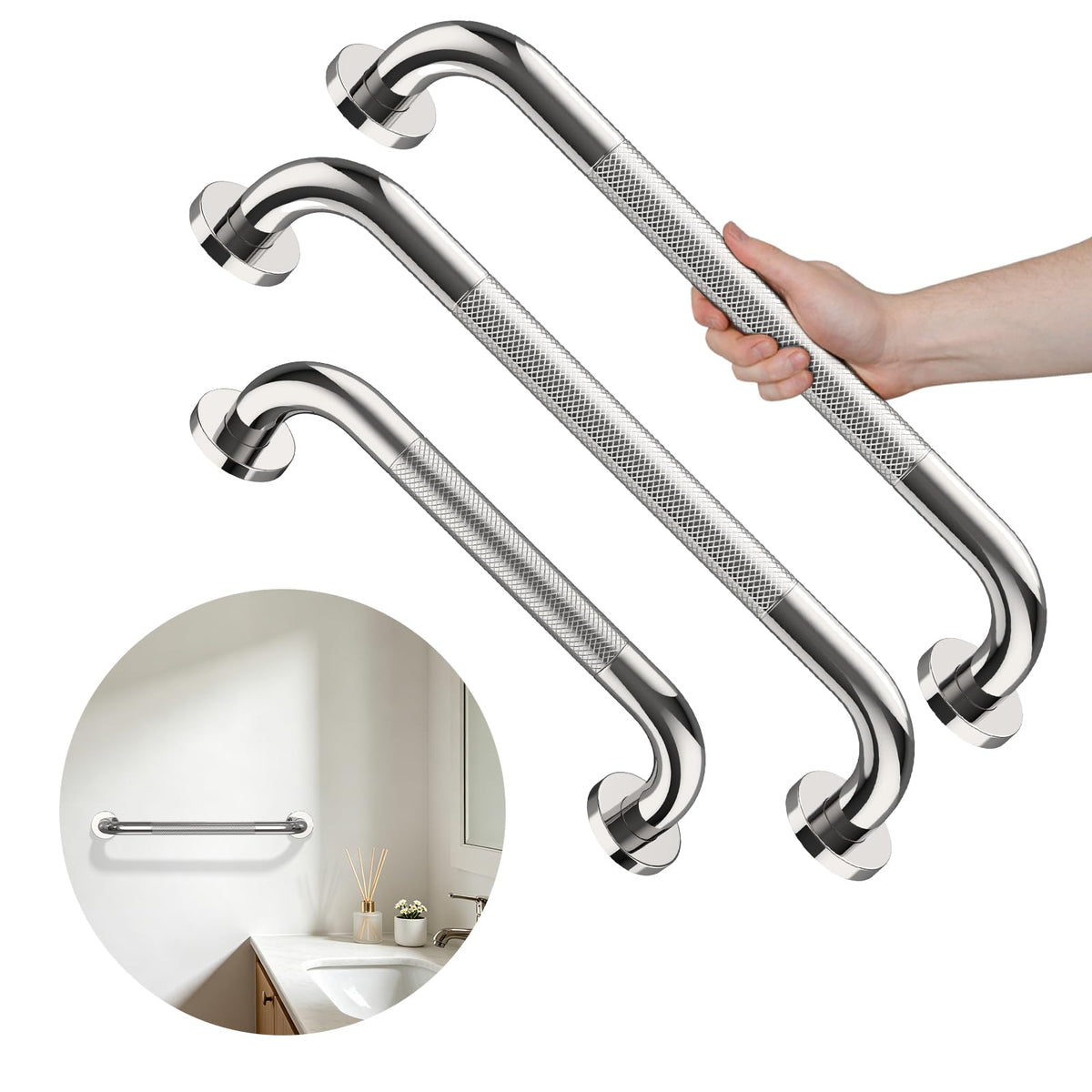 3 Pack Anti Slip Shower Grab Bar, Munzong 12" 16" 16" White Bathroom Bar