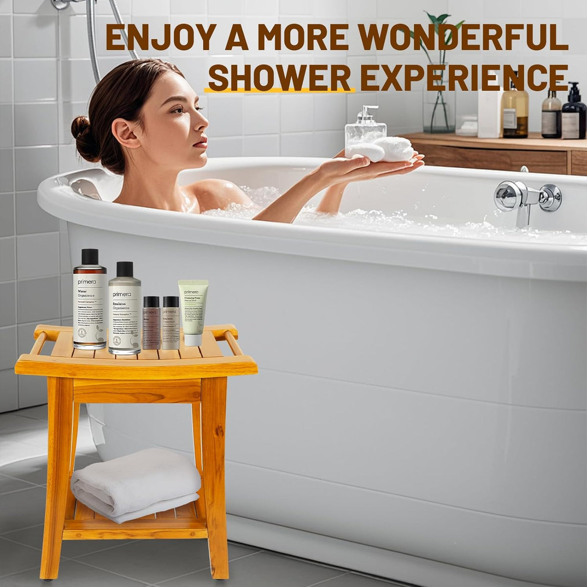 16" Compact Teak Shower Bench with Shelf & Handle, Solid Premium Teak Shower Stool, Durable Waterproof Seat for Inside Shower, Teak Wood Bench for Bathroom, Indoor & Outdoor Use