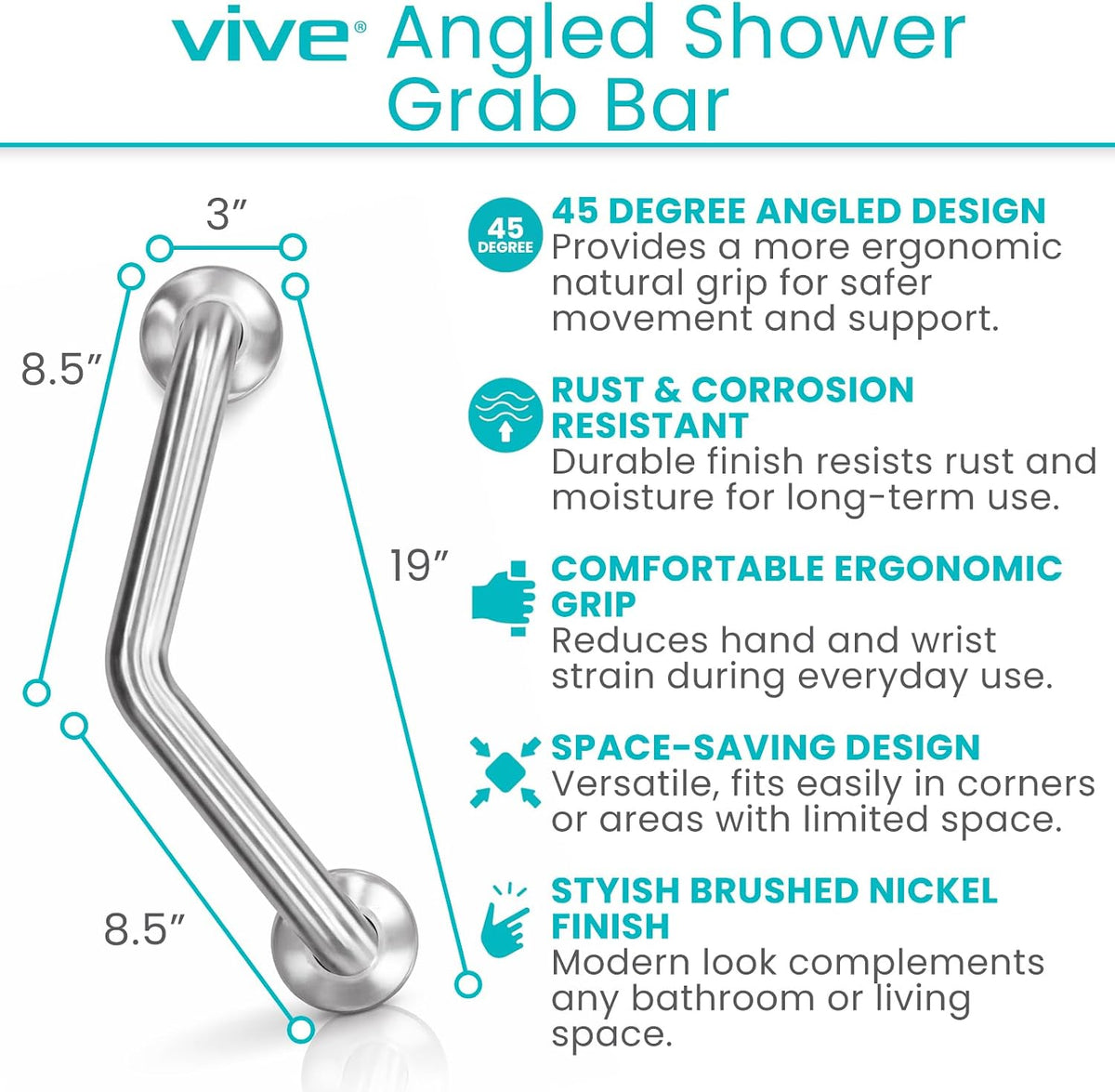 Vive Angled Shower Grab Bar (Supports 440lbs) - ADA Compliant Tub
