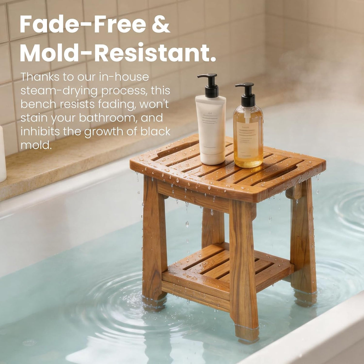 NNN 14" Compact Teak Shower Stool with Japan-Made Non-Slip Leveling Feet