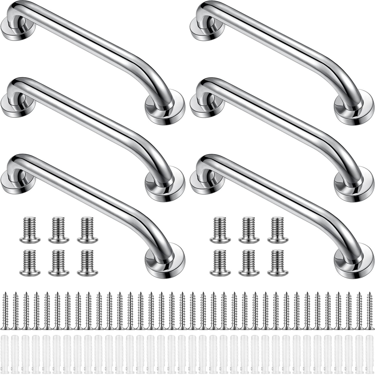 Therwen 6 Pack 12/18/24 Inch Shower Grab Bars Stainless Steel Bathroom Handicap Heavy Duty Handle Anti Slip Bathtub Handle Support Balance Hand Rail for Bathroom Wall Elderly Pregnant Seniors (Silver)