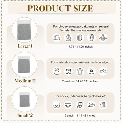 5-Piece Organic Cotton Laundry Bags with Zipper and Hanging Loop, 3 Sizes (S, M, L) Mesh Laundry Bag, Durable Cotton Mesh Laundry Bag for Delicate Underwear and Socks.