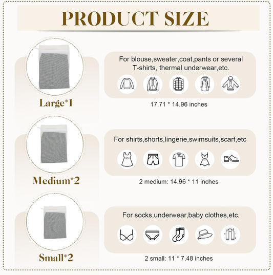 5-Piece Organic Cotton Laundry Bags with Zipper and Hanging Loop, 3 Sizes (S, M, L) Mesh Laundry Bag, Durable Cotton Mesh Laundry Bag for Delicate Underwear and Socks.