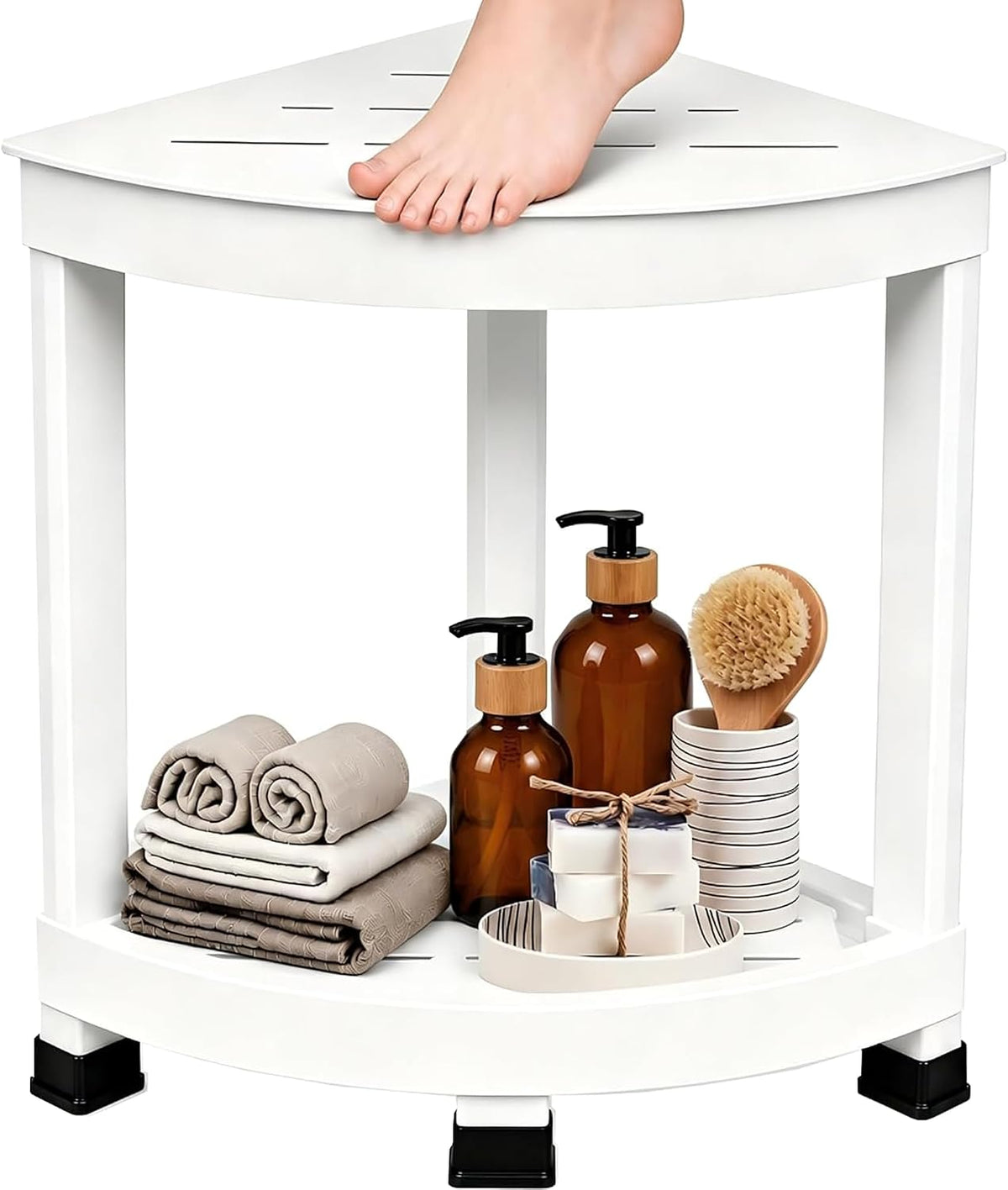 Corner Shower Shelf with 2-Tier Storage, Waterproof Bathroom Organizer & Shower Stool for Inside Shower, Small Corner Side Table with Non-Slip Feet for Bathroom, Bedroom & Living Room, White