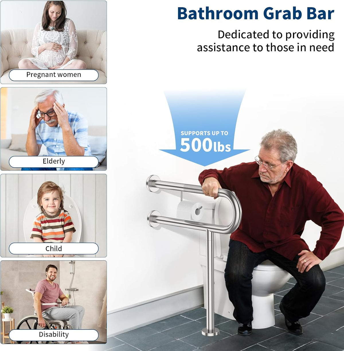 ZUEXT 24 Inch Brushed Nickel Wall to Floor Toilet Grab Bar w/Paper Holder
