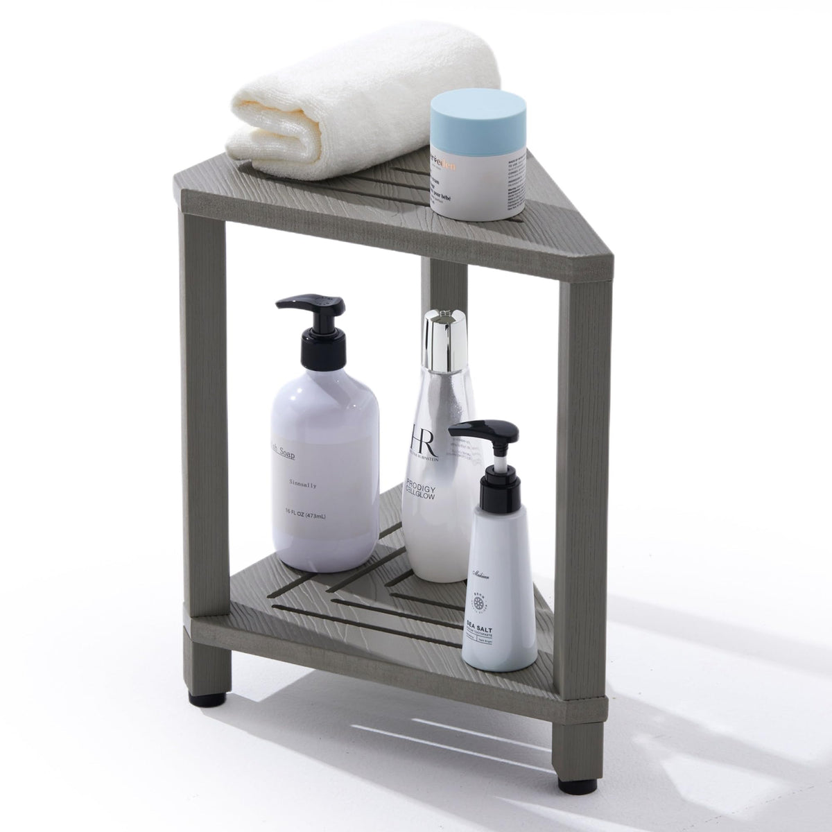 Corner Shower Stool with Storage Shelf, HDPS Waterproof Shower Foot Rest for Shaving Legs, 2-Tier Triangle Bathroom Stool for Inside Shower, Non-Slip Small Shower Bench, White