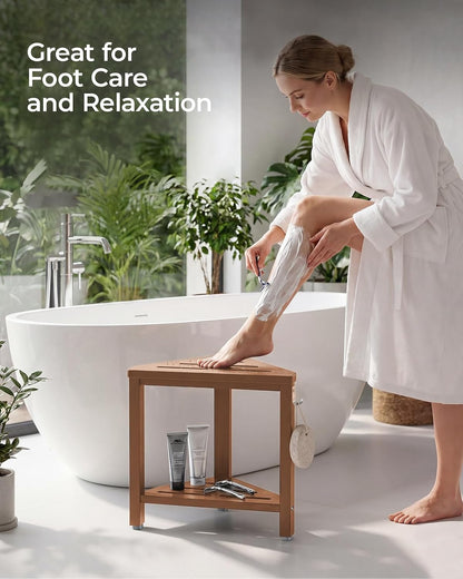 15" Shower Foot Rest with Side Hook, HDPE Waterproof Corner Shower Stool for Shaving Legs, Anti-Slip Shower Bench with Storage Shelf for Inside Shower, Space-Saving Shower Seat for Small Showers, Teak