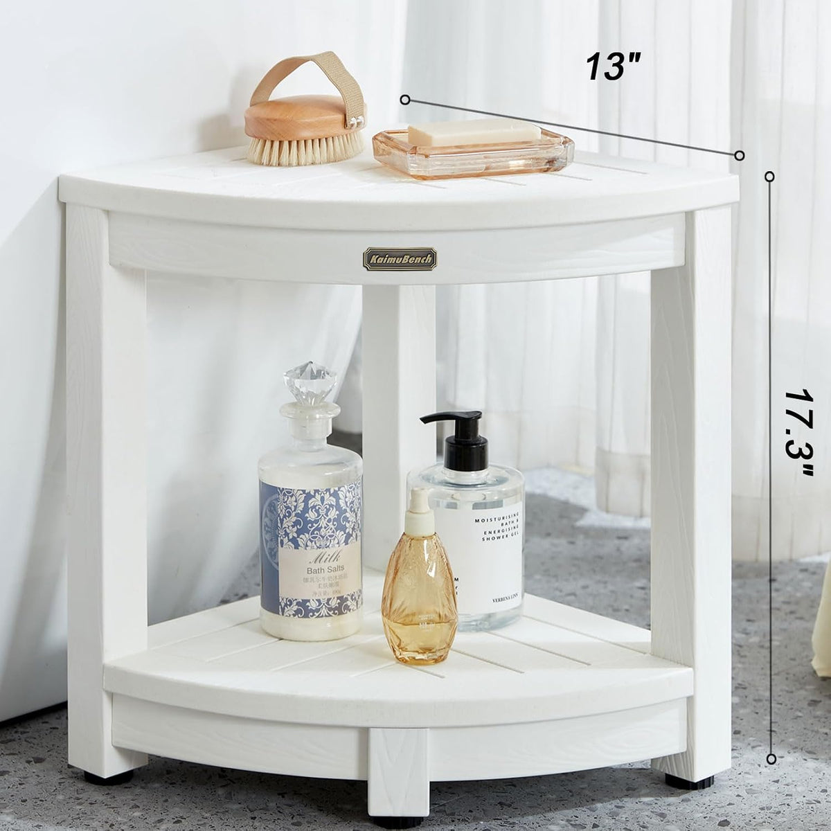 KaimuBench Corner Shower Stool for Inside Shower Waterproof, Poly Lumber Bathroom Shower Corner Bench Seat, Plastic Shower Chair Seat, Shower Shaving Foot Rest with Adjustable Feet, Non-Slip, White