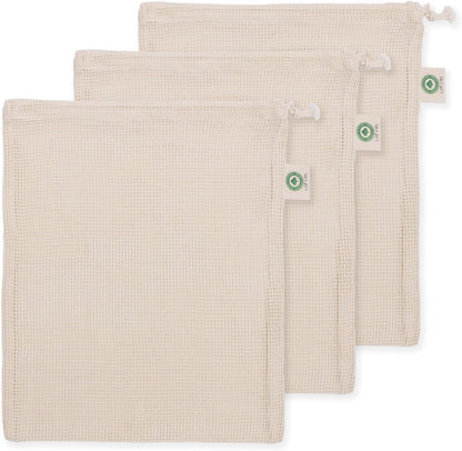 Cotton Mesh Laundry Bags for Delicate Clothes - Set of 3 Extra Large Mesh Washing Bags with Drawstring - Micro-plastic-free, Toxin-free, Dye-free & Unbleached Dryer Washer Bags (3 X-Large - 14”x18”)