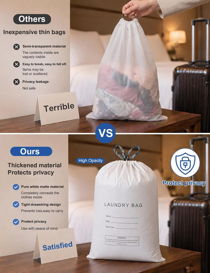 100 Pack Large Hotel Laundry Bags with 10 Pack Shoe Bags- 20.87 x 15.75 Inch Disposable Plastic Bags Bulk for Travel, Airbnb, Cruise, Hospital and Nursing home- Dirty Clothes Bag with Writing Strips