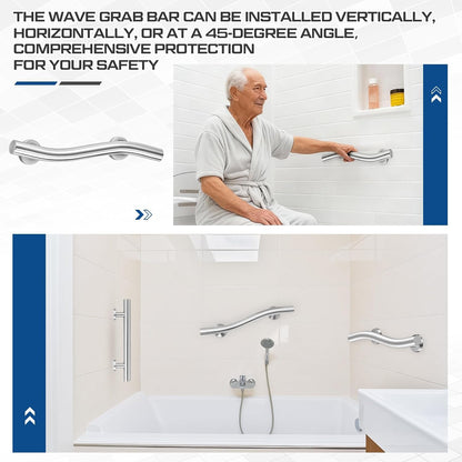 2 Pack Wave Grab Bar Decorative 16 Inch Stylish Stainless Steel Brushed Finish Safety Shower Bar Wall Mounted for Bathroom Bathtubs Toilet Steps Bed Seniors Elderly Handicap Pregnant Women
