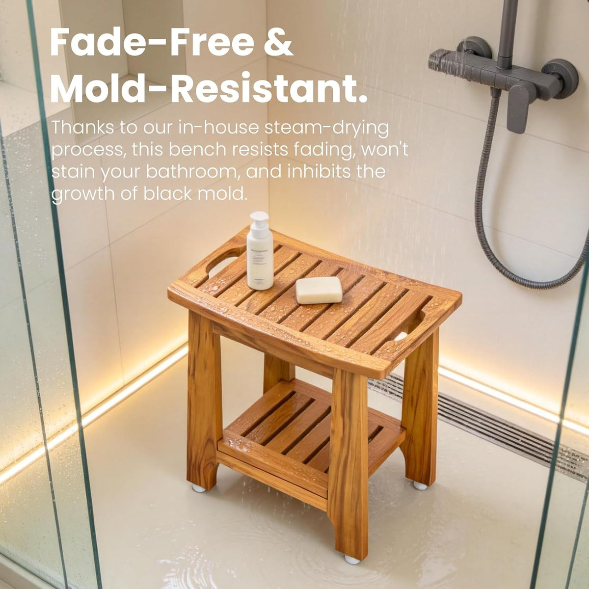 NNN 18" Standard Teak Shower Bench with Japan-Made Non-Slip Leveling Feet