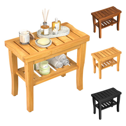 Teak Wood Shower Bench Stool with Storage Shelf, Wooden Waterproof Bathroom Spa Bathing Teak Shower Stool with Non-Slip Feet Gadget 2024 for Indoor or Outdoor Shower Chair Seat Organizer