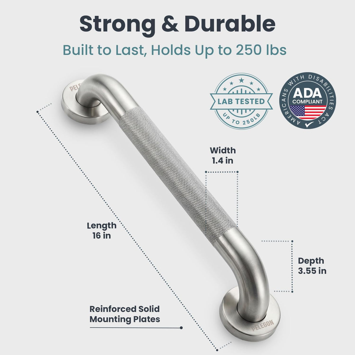 PELEGON Grab Bars for Shower 2-Pack 16 Inch - Stainless Steel Shower Grab Bars for Seniors - Bathroom Safety Handle Non-Slip Grip Rust Resistant Wall Mounted Support Bar for Bathtub Shower - Silver