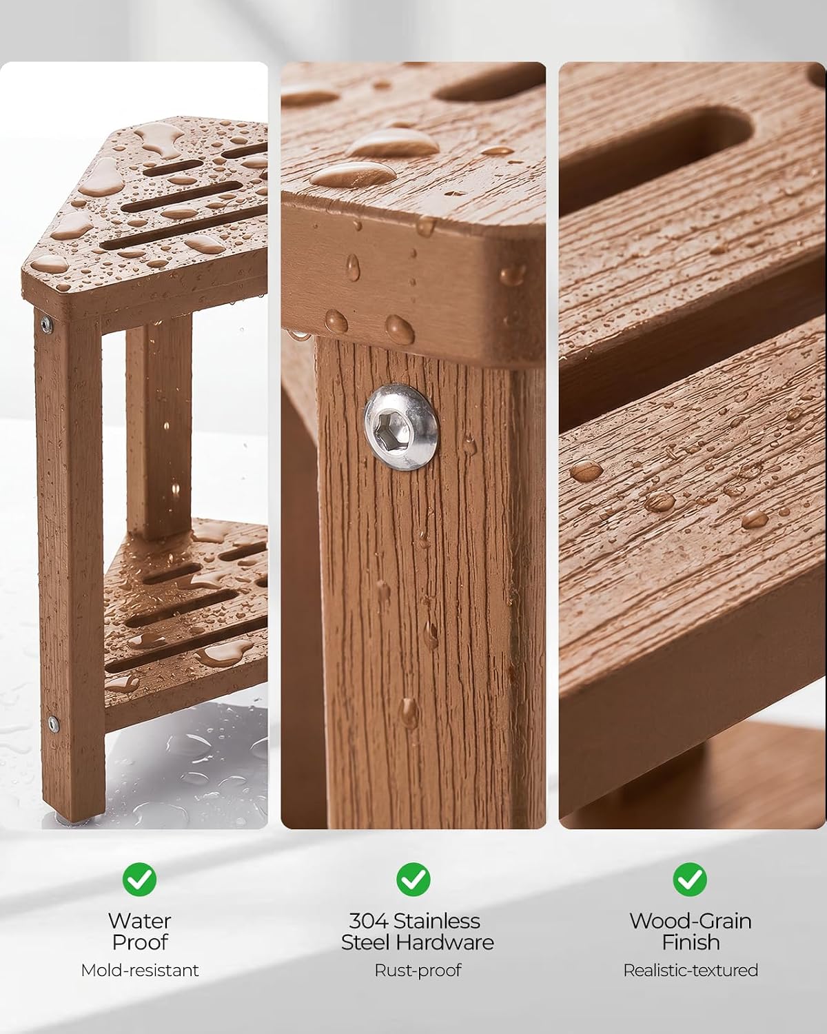 15" Shower Foot Rest with Side Hook, HDPE Waterproof Corner Shower Stool for Shaving Legs, Anti-Slip Shower Bench with Storage Shelf for Inside Shower, Space-Saving Shower Seat for Small Showers, Teak