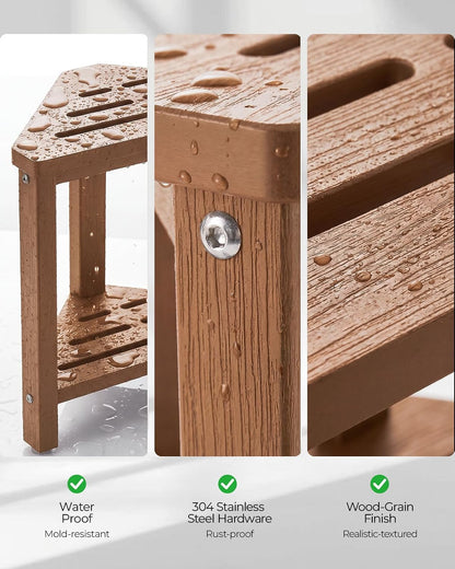 15" Shower Foot Rest with Side Hook, HDPE Waterproof Corner Shower Stool for Shaving Legs, Anti-Slip Shower Bench with Storage Shelf for Inside Shower, Space-Saving Shower Seat for Small Showers, Teak